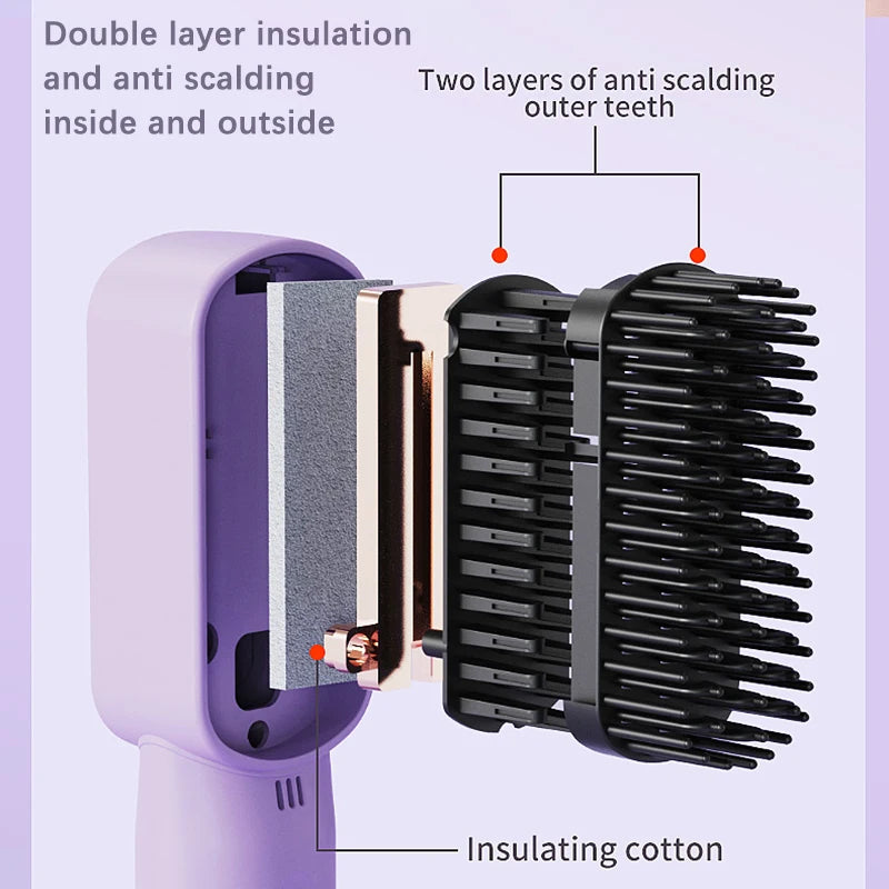 Plancha de pelo inalámbrica con calefacción de iones negativos, peine de pelo rizado recto, cepillo eléctrico antiescaldado recargable para el cuidado del cabello