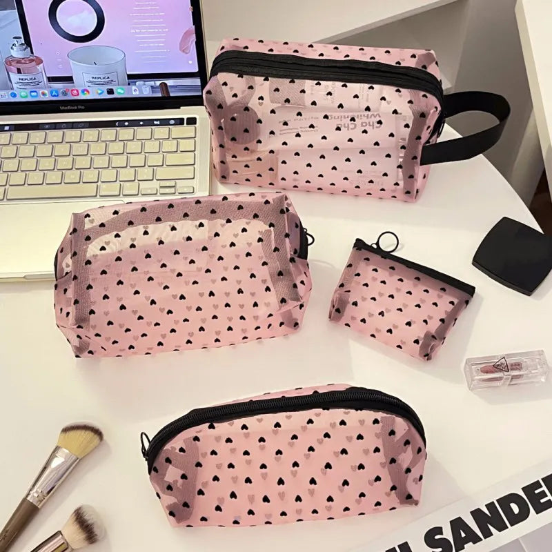 Bolsa de cosméticos de malla con estampado romántico, organizador de artículos de tocador portátil, bolsa de maquillaje, bolsa de almacenamiento de lápiz labial transparente multifunción, 1 ud.