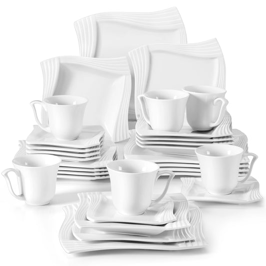 MALACASA Amparo 30/60 Piece White Porcelain Dinnerware Set Cups Saucers Dessert Soup Dinner Plates Service for 6/12 Persone