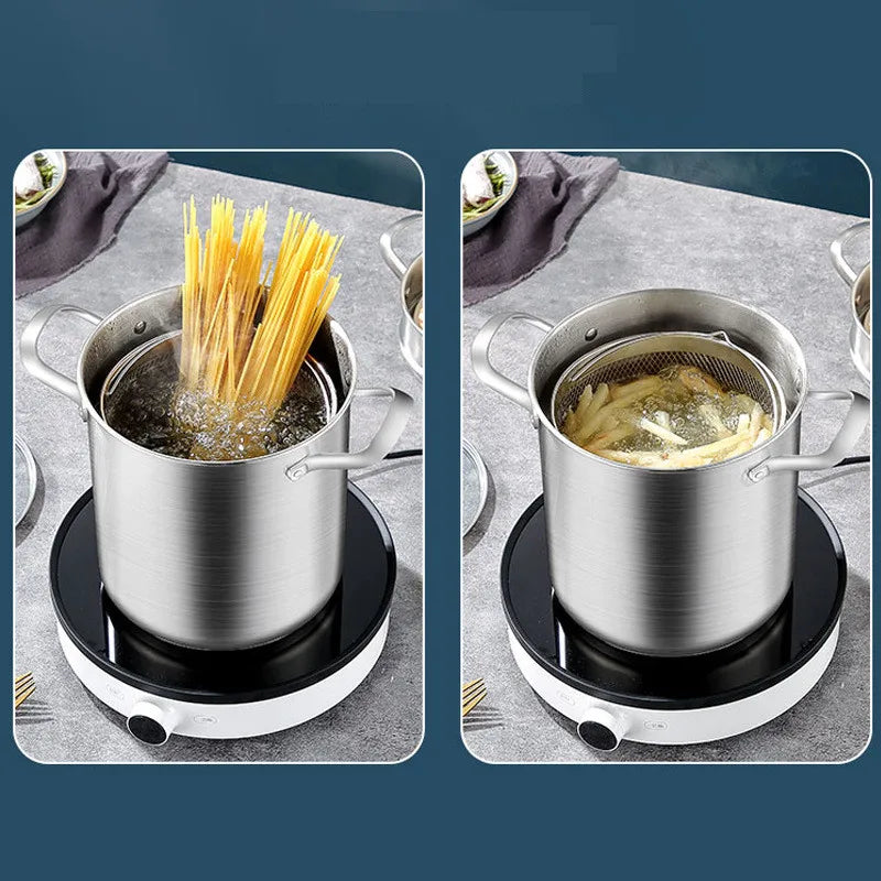 Olla para freír Pasta de acero inoxidable, olla para freír al vapor, olla para sopa de 4 L con rejilla de vapor, cesta para freír, utensilios de cocina para Pasta y espárragos, 4 Uds.