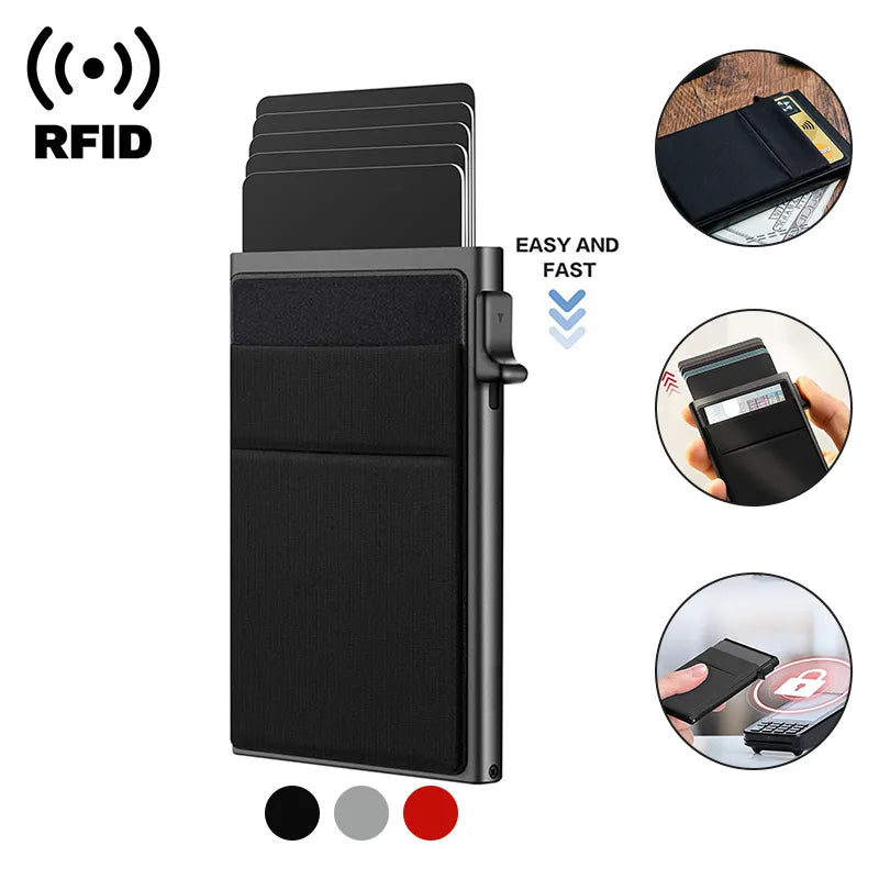 Rfid portefeuille porte-cartes de crédit en métal mince étui pour cartes bancaires hommes femmes Pop Up portefeuille minimaliste petit sac à main noir Vallet en métal