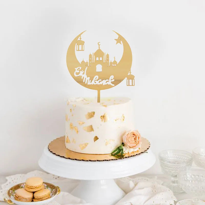 Adornos acrílicos dorados para pastel de Eid Mubarak, decoración para cupcakes con diseño de Castillo y Luna para Ramadán, fiesta musulmana islámica, decoración artesanal para pasteles