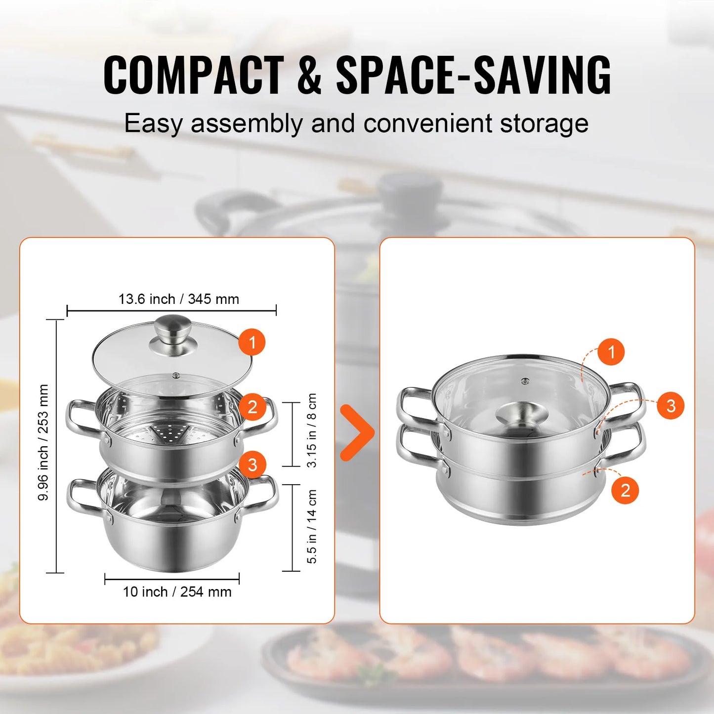 VEVOR Steamer Pot 9.5in/24cm Steamer Pot for Cooking with 5QT Stock Pot and Food-Grade 304 Stainless Steel Food Steamer