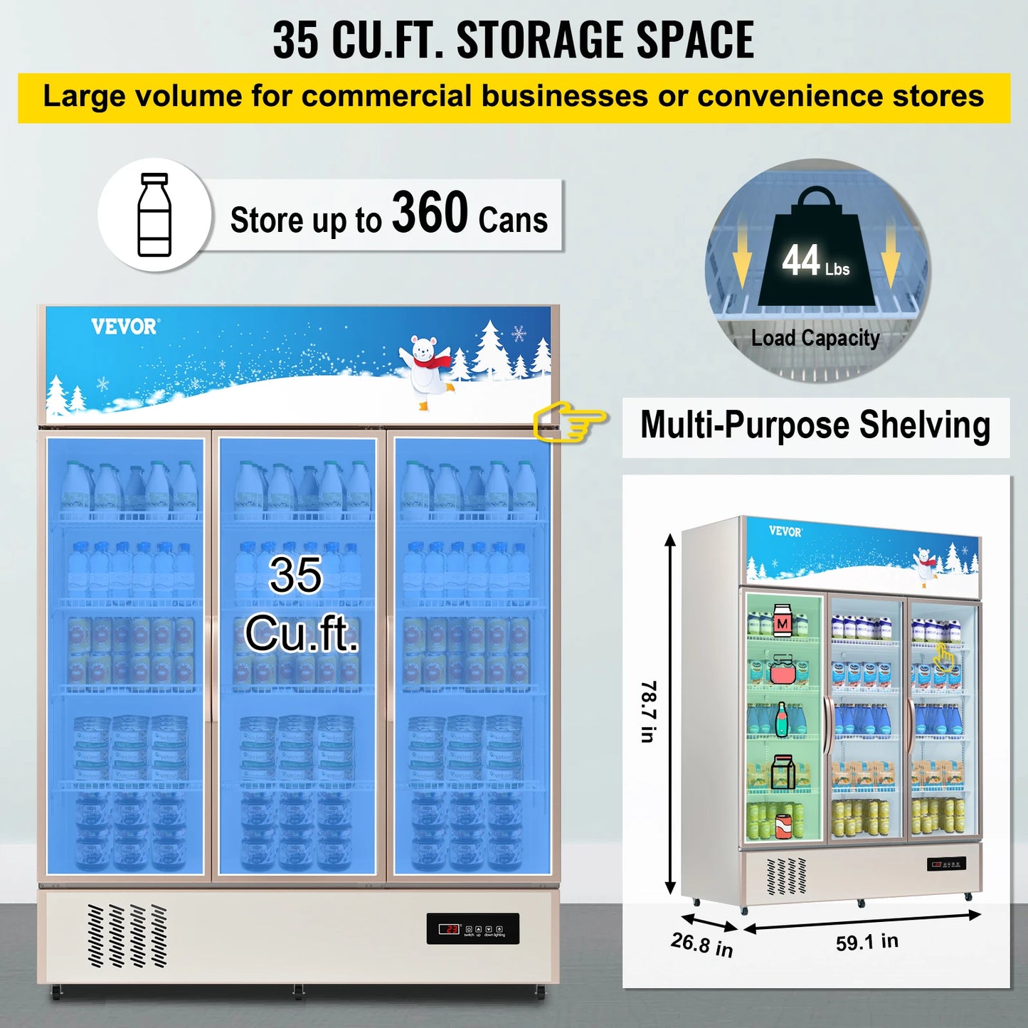 VEVOR-refrigerador comercial con Triple puerta abatible, refrigerador vertical para bebidas, puerta de vidrio con luz LED para tienda en casa