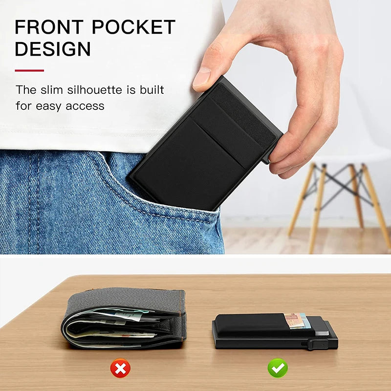 Rfid portefeuille porte-cartes de crédit en métal mince étui pour cartes bancaires hommes femmes Pop Up portefeuille minimaliste petit sac à main noir Vallet en métal