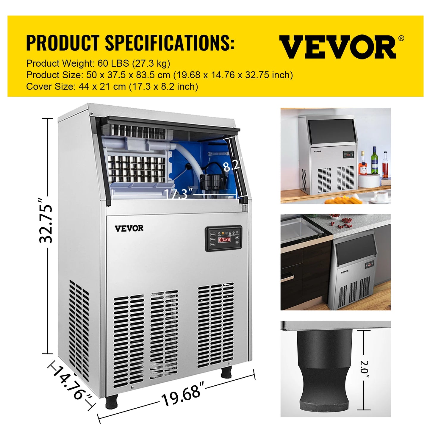 VEVOR-máquina para hacer hielo en cubos comercial, 40-70 KG/24H, independiente, congelador líquido transparente, máquina generadora de hielo, electrodoméstico de 110V