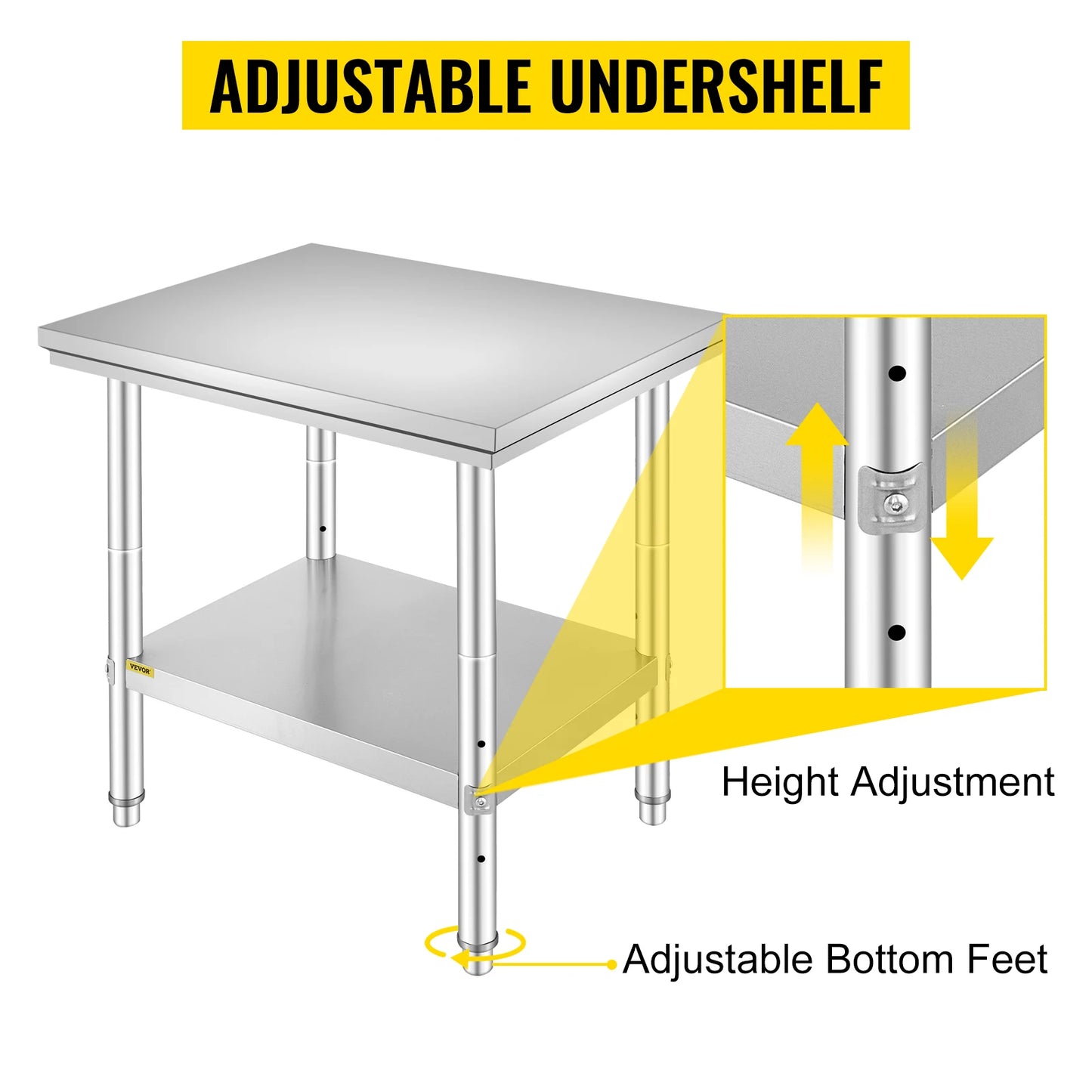 VEVOR Kitchen Work Bench Commercial Catering Table Worktable with Undershelf Stainless Steel 330LBS 286LBS for Restaurant Garage