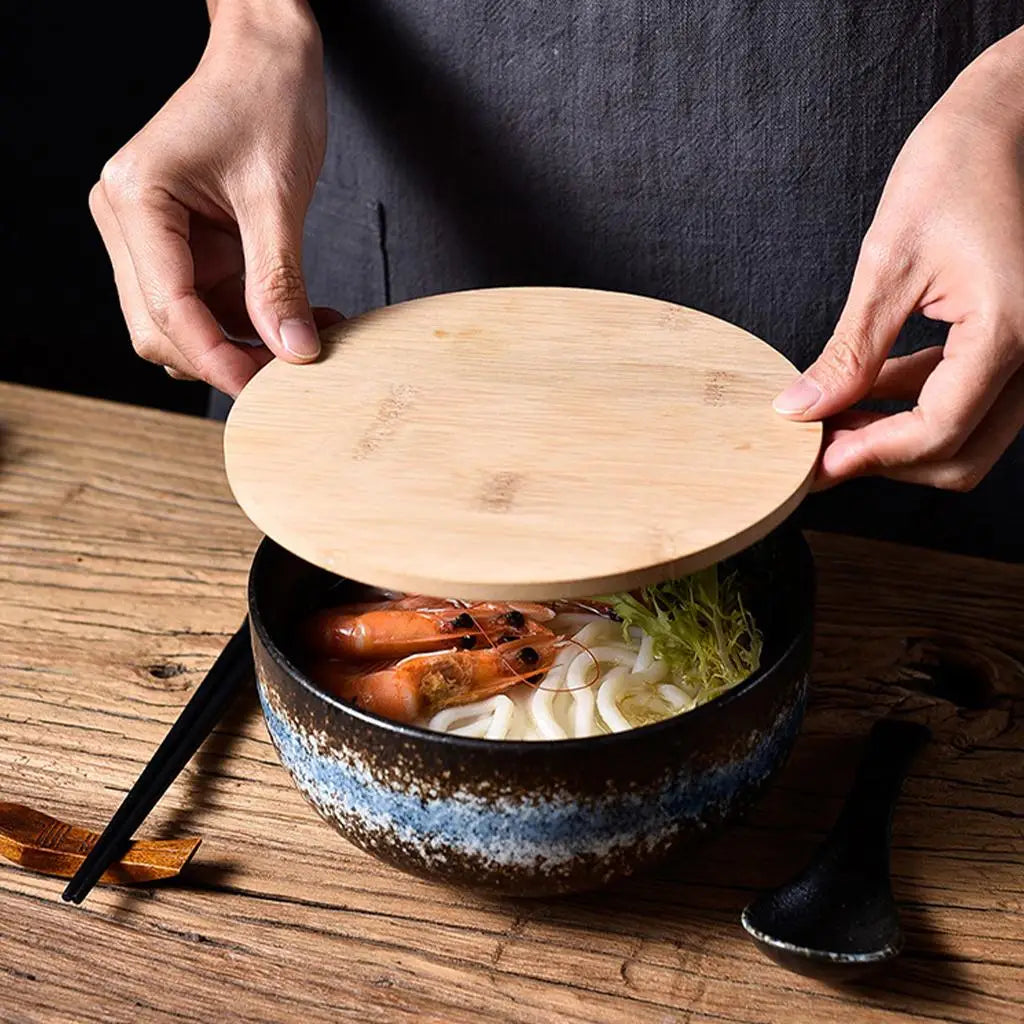 Cuenco de cerámica japonés para Ramen, 1500 ml, con tapa, cuchara, palillos, cuenco de cerámica para Fideos Instantáneos, platos, arroz, vajilla para el hogar