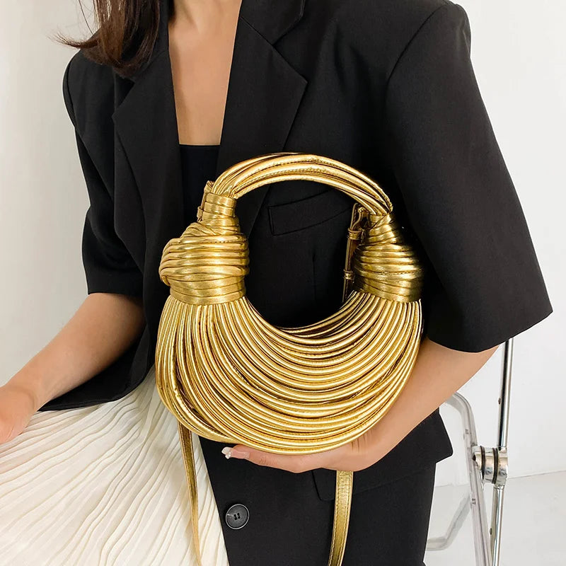 Bolsos de mano para mujer, oro nuevo 2023, marca de diseñador de lujo, bolsos para Fideos tejidos a mano, Hobo anudado con cuerda, bolso de mano de noche plateado elegante