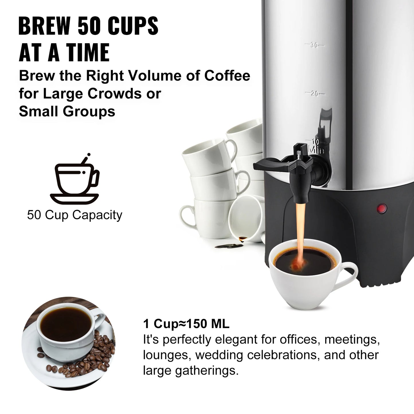 VEVOR – urne à café commerciale 50 tasses, grand distributeur de café en acier inoxydable, cafetière électrique 1000W pour un brassage rapide