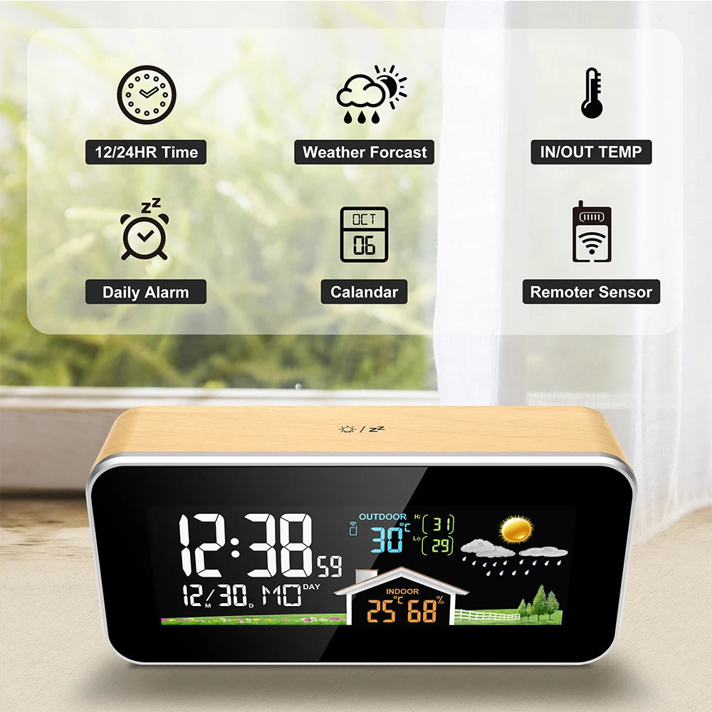 Reloj despertador Digital superficie decoración de pared hora fecha semana temperatura humedad pronóstico del tiempo inalámbrico reloj de mesa escritorio reloj de madera