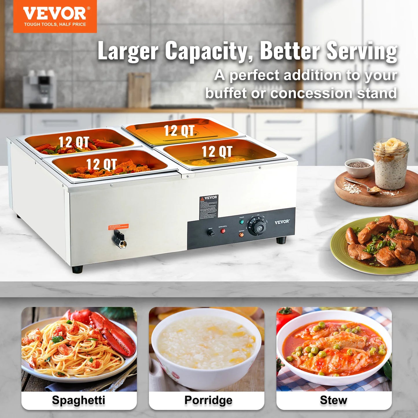 VEVOR-calentador de alimentos eléctrico para Catering, 1/2/3/4/6 sartenes, mesa de vapor comercial de acero inoxidable, mostrador con Control de temperatura, juego de Buffet