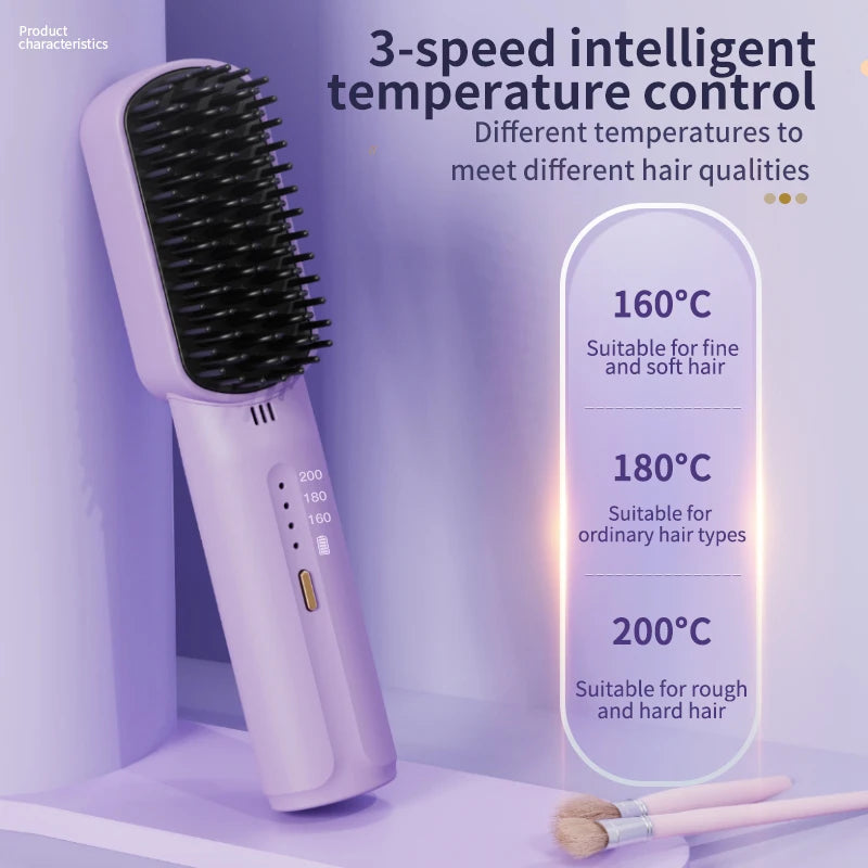 Plancha de pelo inalámbrica con calefacción de iones negativos, peine de pelo rizado recto, cepillo eléctrico antiescaldado recargable para el cuidado del cabello