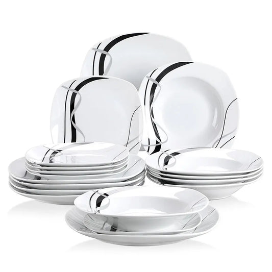 VEWEET FIONA 18/36-Piece Porcelain Ceramic Black Line Kitchen Tableware Dishes Plate Set with Dinner Plate,Dessert,Soup Plate