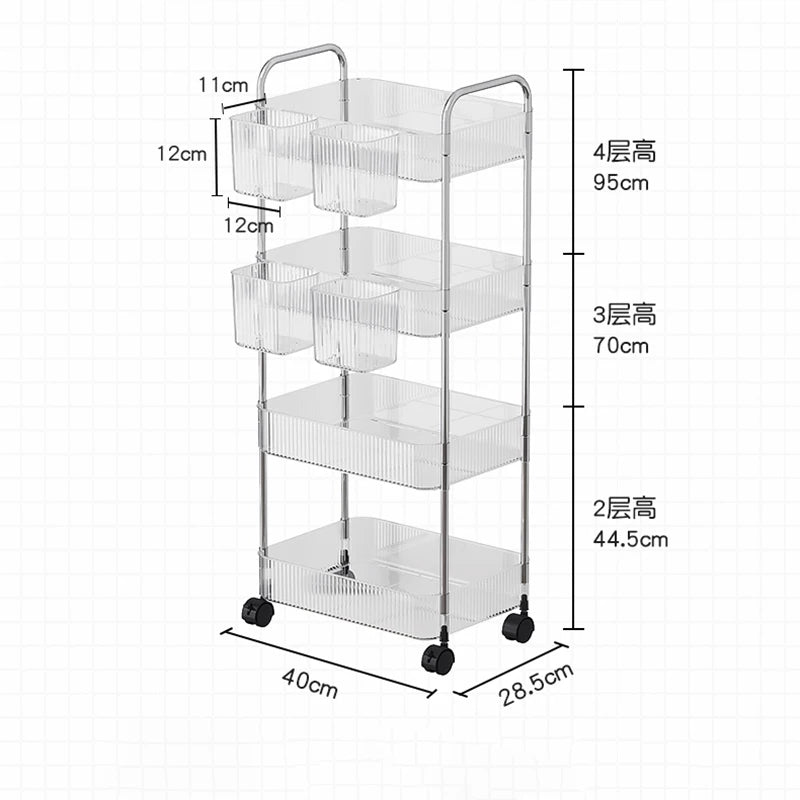 Transparent Storage Rack Trolley Cosmetics Kitchen Bathroom Bedroom Multi Storey Snacks Storage Rack with Wheels Organizer Home