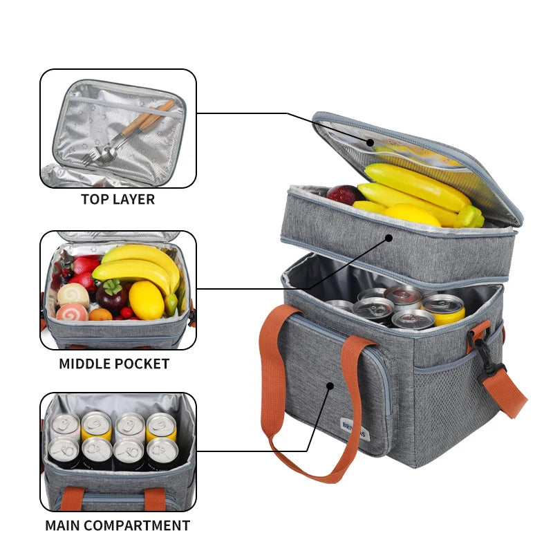 Bolsas de almuerzo cruzadas de doble capa de gran capacidad, aislamiento térmico, bolsa para bebidas y alimentos para Picnic, bolsa de hielo para exteriores, bolsas de almacenamiento de viaje