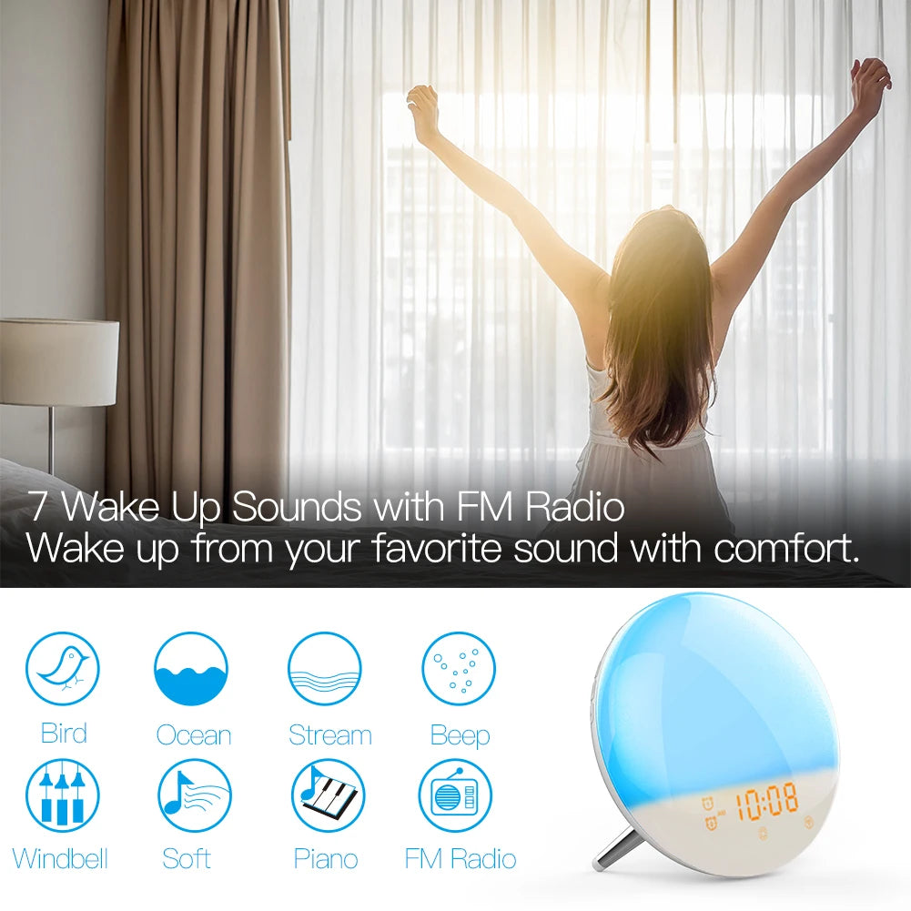 WiFi Smart Wake Up Light Workday Alarm Clock with 7 Colors Sunrise/Sunset Smart Life Tuya APP Works with Alexa Google Home