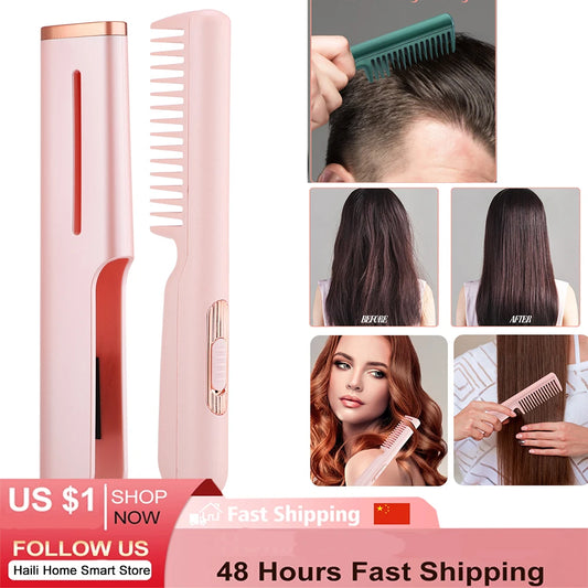 Electric Hair Straightener Brush Mini Hair Curler Fast Heating Comb Men Beard Straightening Iron Hot Combs Wet Dry Styling Tools