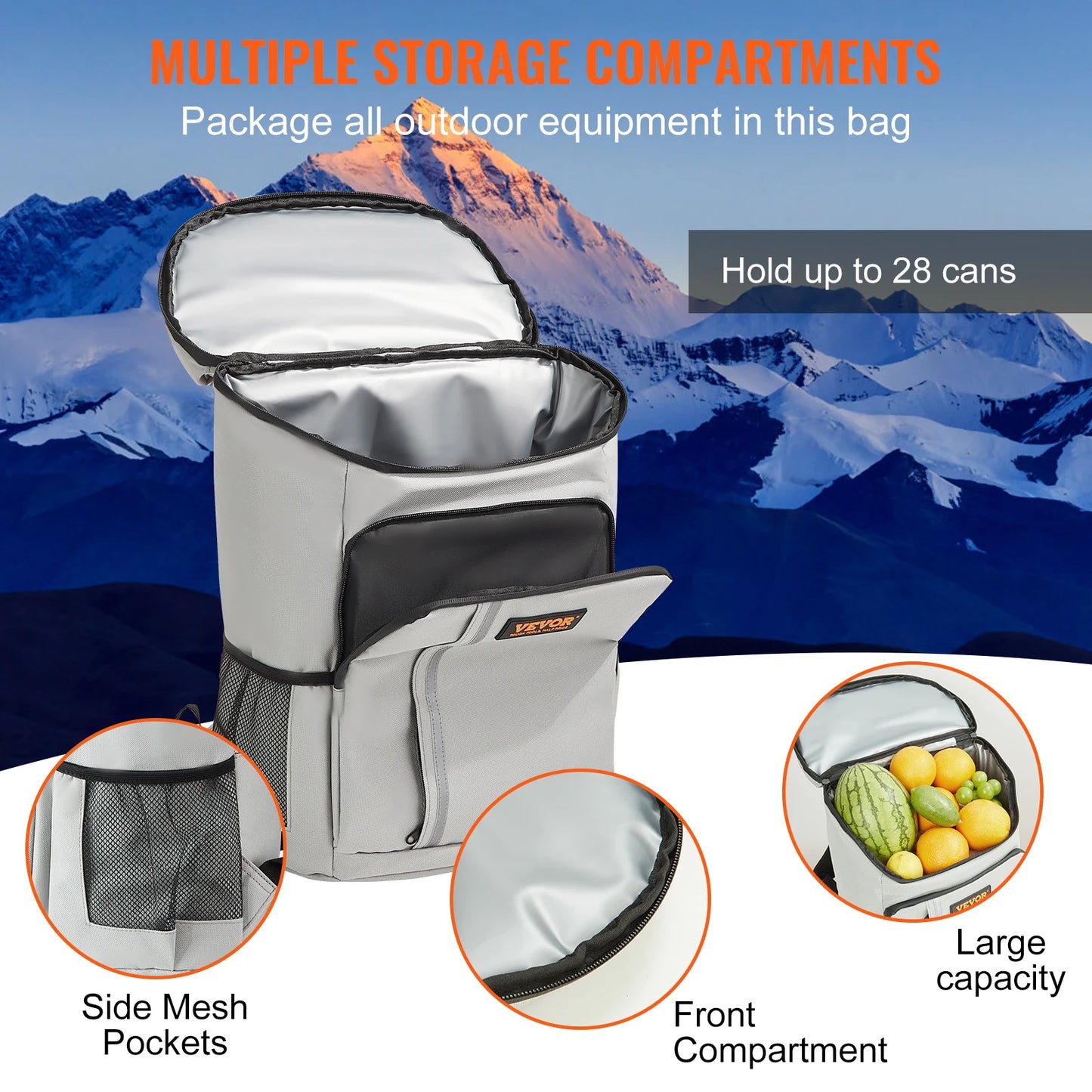 VEVOR-Bolsa de refrigerador de 20L, mochila enfriadora impermeable, bolsa térmica isotérmica de gran capacidad con aislamiento suave para exteriores