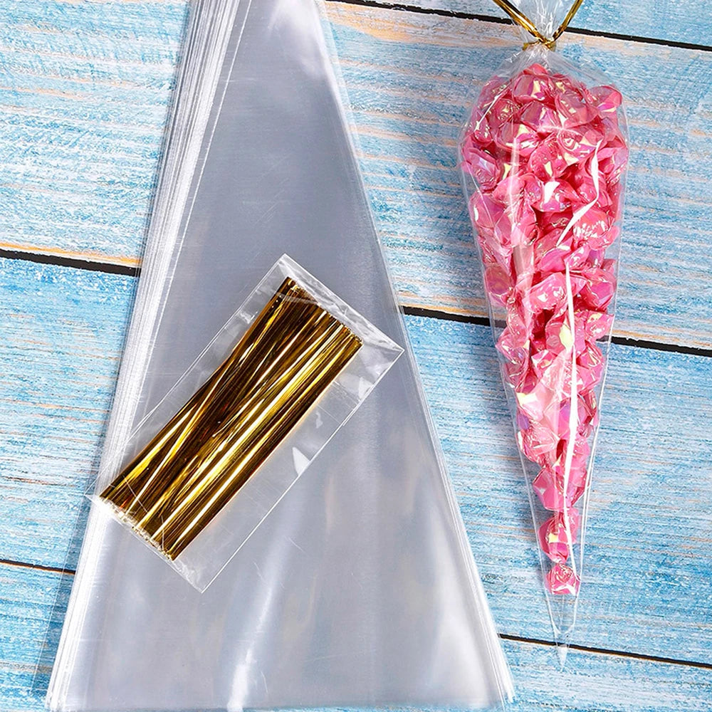 50pcs Candy Bags Cellophane Popcorn Bags Cone Cookies Storage Bags with Gold Twist Ties Wedding Birthday Party Favors