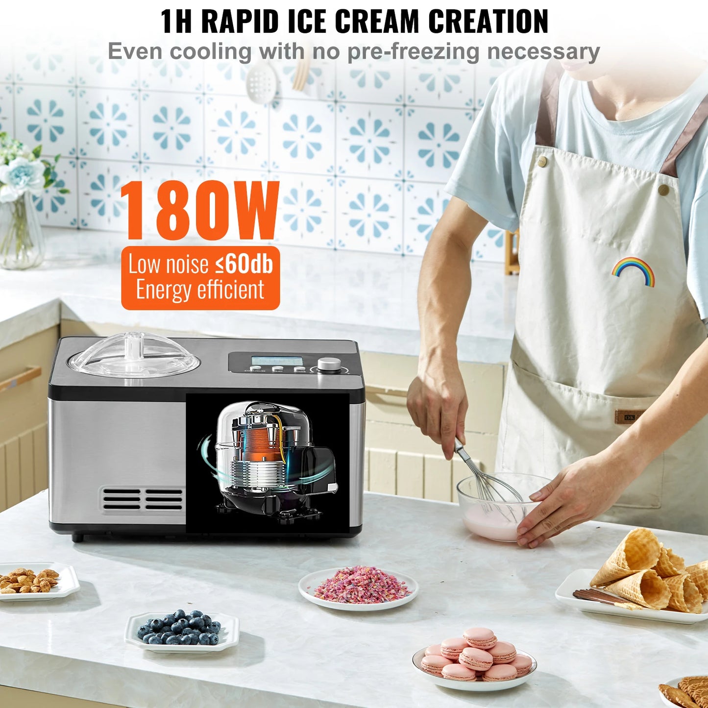 VEVOR – Machine à glace automatique avec compresseur intégré, 2 litres, sans pré-congélation, pour yaourt aux fruits, Sorbet électrique