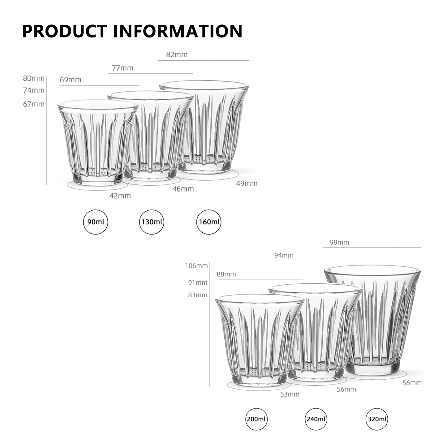 Tasses à expresso en verre 90-320ml, ensemble de tasses à café au lait, tasse à eau Anti-brûlure à rayures artistiques, accessoires de cuisine à domicile Barista antidérapants