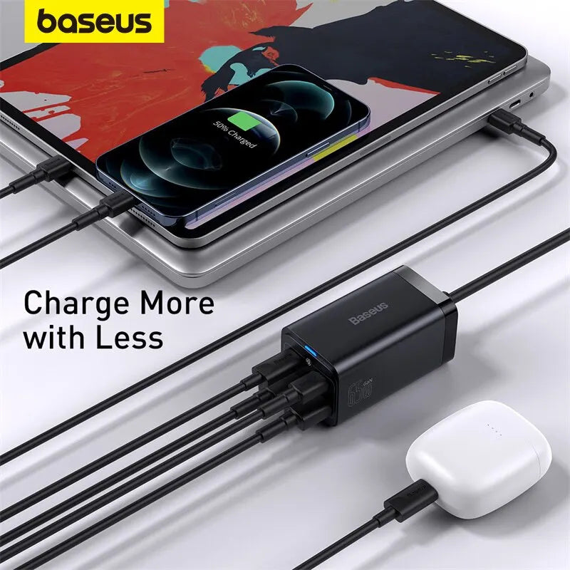 Baseus – chargeur GaN 65W rapide 4 en 1, adaptateur de bureau, pour téléphone portable, iPhone 15, 14, 13 Pro Max, Xiaomi, Samsung