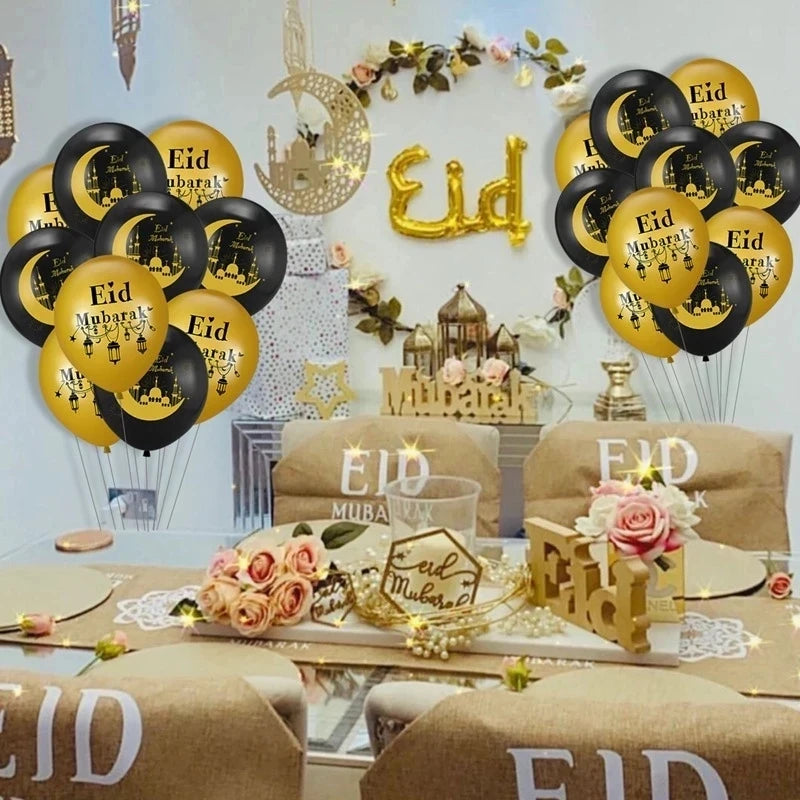 Platos de Eid Mubarak, pancarta con globos, vajilla, decoración de Ramadán, decoración de fiesta musulmana islámica de Ramadán Kareem, regalos de Eid Al Adha 2024