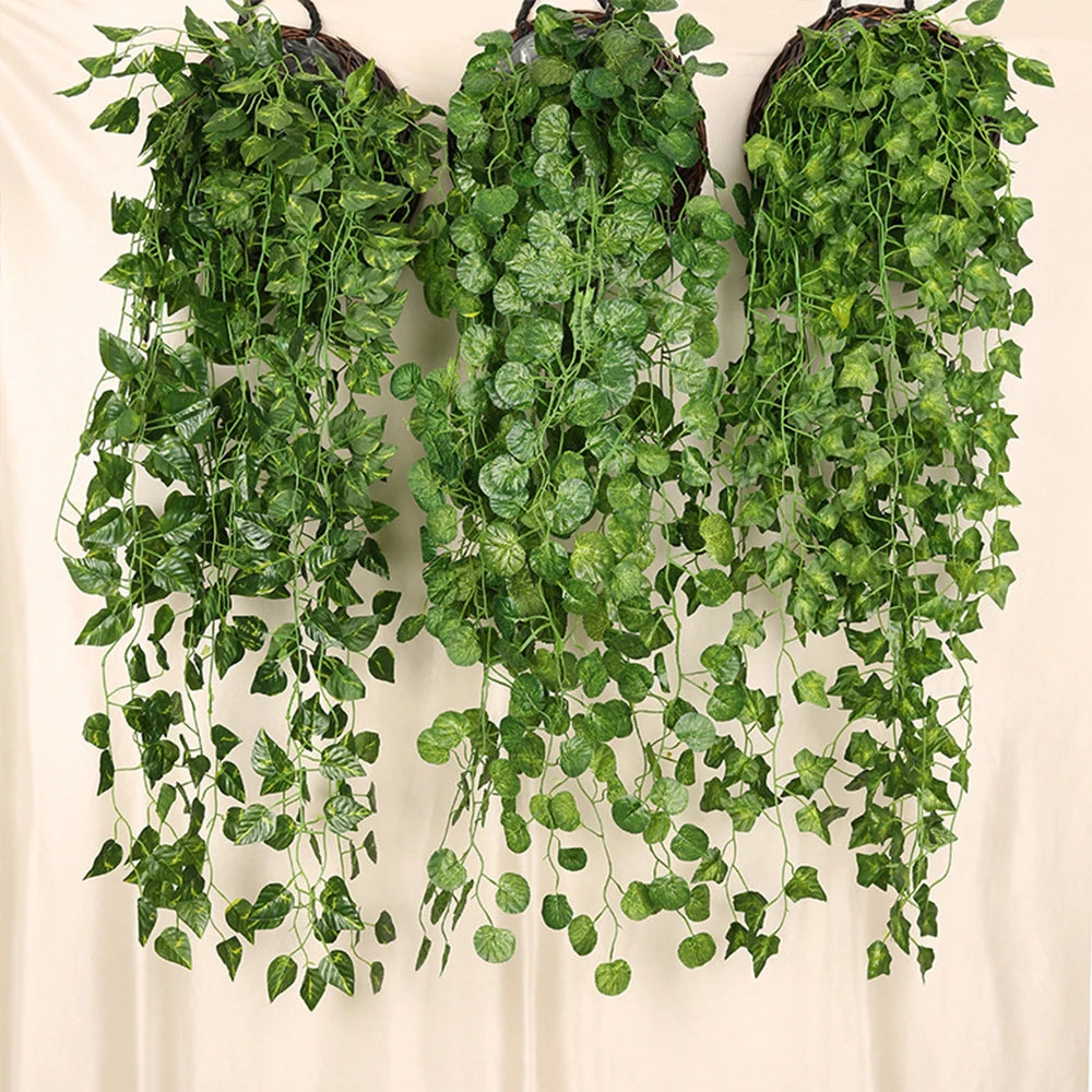 Enredadera de Planta Artificial, vid colgante de pared verde, decoración de jardín para el hogar, fiesta de boda de ratán, corona falsa DIY, hojas de hiedra