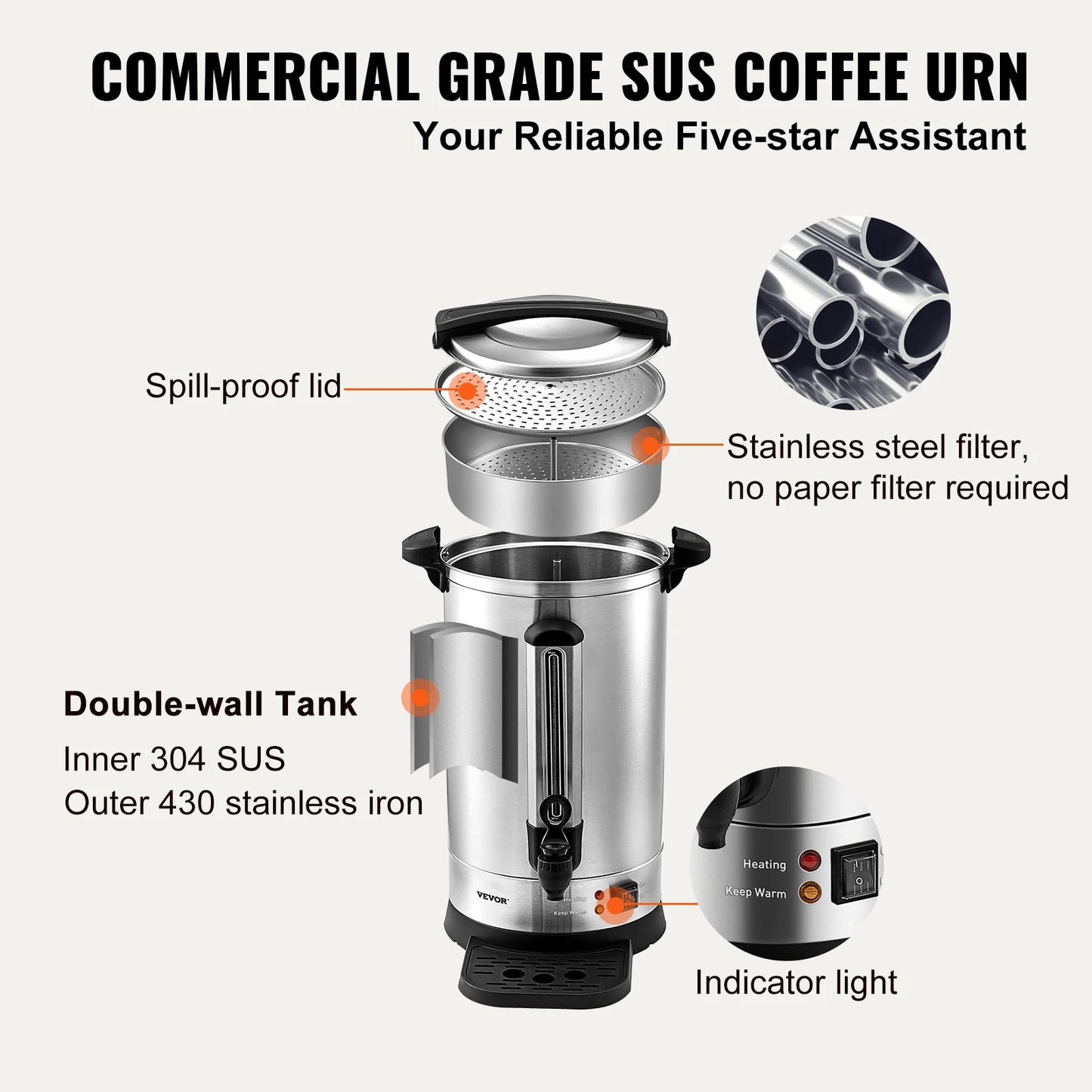 VEVOR – Thermos à café en acier inoxydable, 65/110 tasses, distributeur d'eau chaude commerciale pour le Camping, brassage rapide, nettoyage facile