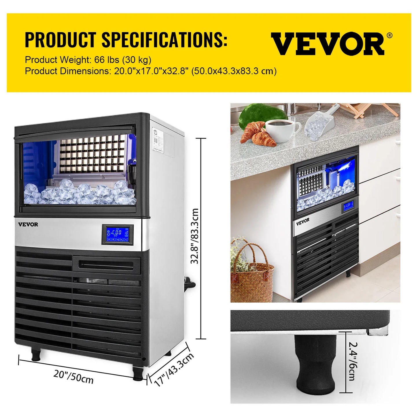 VEVOR – Machine à glaçons commerciale avec pompe de vidange d'eau, 50/60/70 KG/24H, écran tactile LCD autonome, Machine à glace pour congélateur liquide