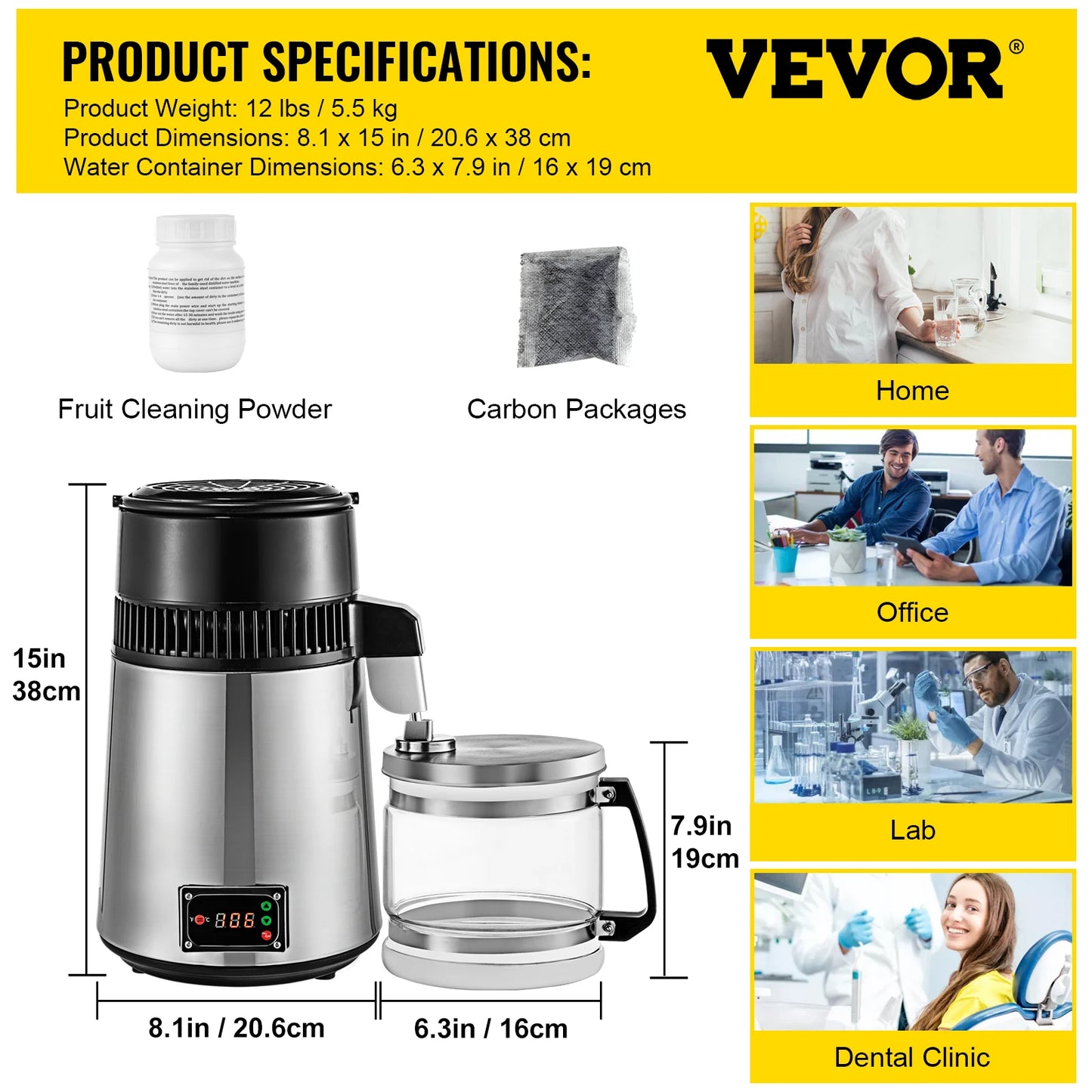 VEVOR Distilled Water Machine 4L Temperature Controlled Water Distiller Safe Health Water Distiller Stainless Steel 110V/220V