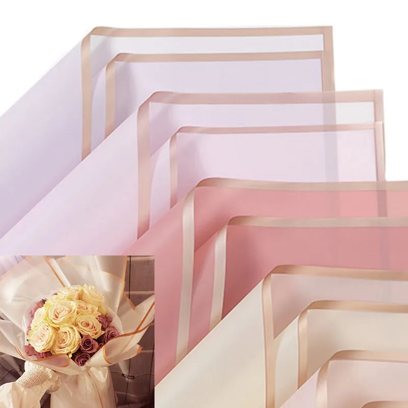 Paquete de 5 unidades de papel para envolver flores, borde dorado, rosa, estilo coreano, embalaje de regalo medio transparente, Material para envolver ramo de floristería