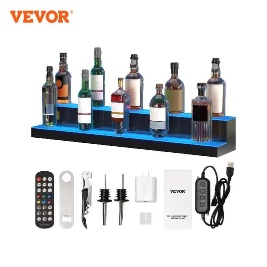 VEVOR LED Lighted Liquor Bottle Display Rack 2/3-Tier  30" 40" 60"  USB Support Multi-color Illuminated Bar Shelf with RF Remote