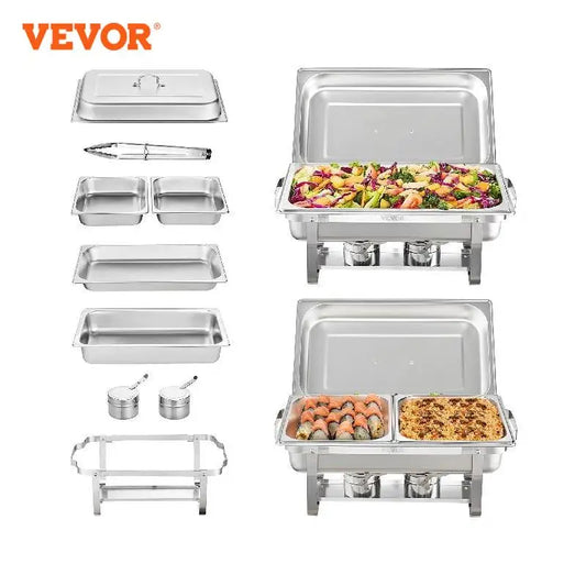 VEVOR Juego de 2 platos de frotamiento de 8 cuartos, juego de buffet de acero inoxidable con 2 sartenes completos y 4 de tamaño medio, calentador rectangular para Catering con tapa