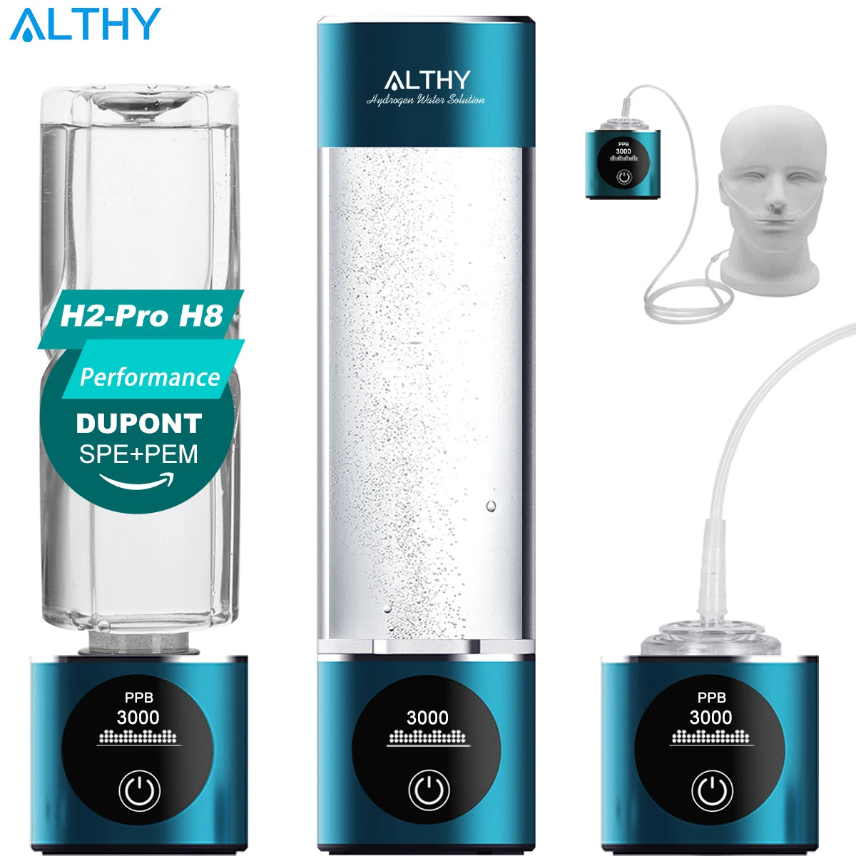 Botella generadora de agua de Hidrógeno Molecular ALTHY DuPont SPE + PEM ionizador de doble cámara + PPB y pantalla de tiempo + dispositivo de inhalación H2