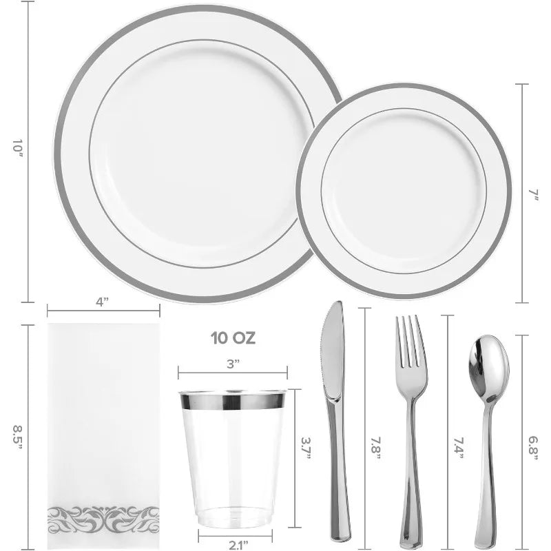 200 assiettes en plastique blanc et argent, lot de 300 couverts en plastique argenté, 100 gobelets en plastique argenté, 100 essuie-mains jetables