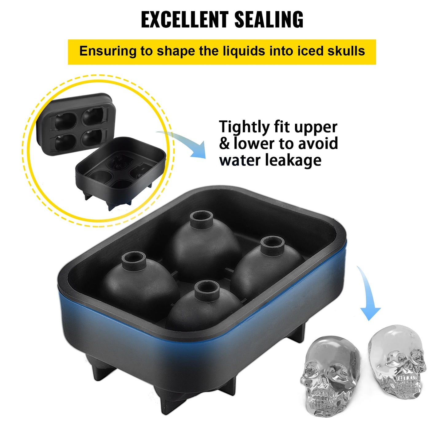 VEVOR Ice Cube Maker Black Silicone 4/6 Grid 3D Skull Shape Tray Home Party Bar Cool Whiskey Icy Beverage Ice Ball Mold DIY Tool