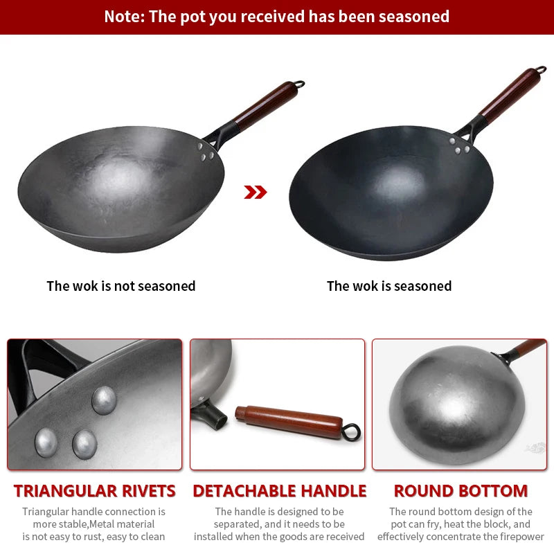 Wok traditionnel en fer, Woks sans revêtement forgés à la main pour poêle de cuisine, poignée en bois, Wok à gaz, ustensiles de cuisine