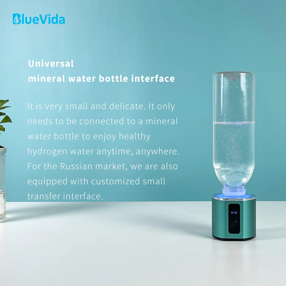 Botella generadora de agua rica en hidrógeno Bluevida, ionizador de agua de doble cámara DuPont SPE y PEM, dispositivo de inhalación H2 + adaptador máx. 6000ppb