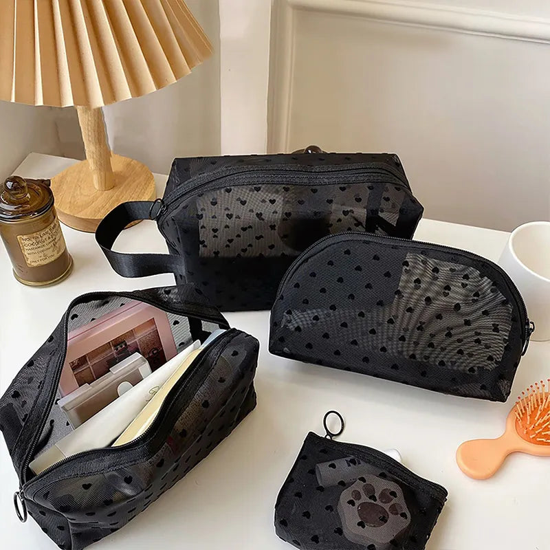 1pc Love Print Mesh Cosmetic Bag Portable Toiletry Organizer Makeup Bag Multifunction Transparent Women Lipstick Storage Pouch