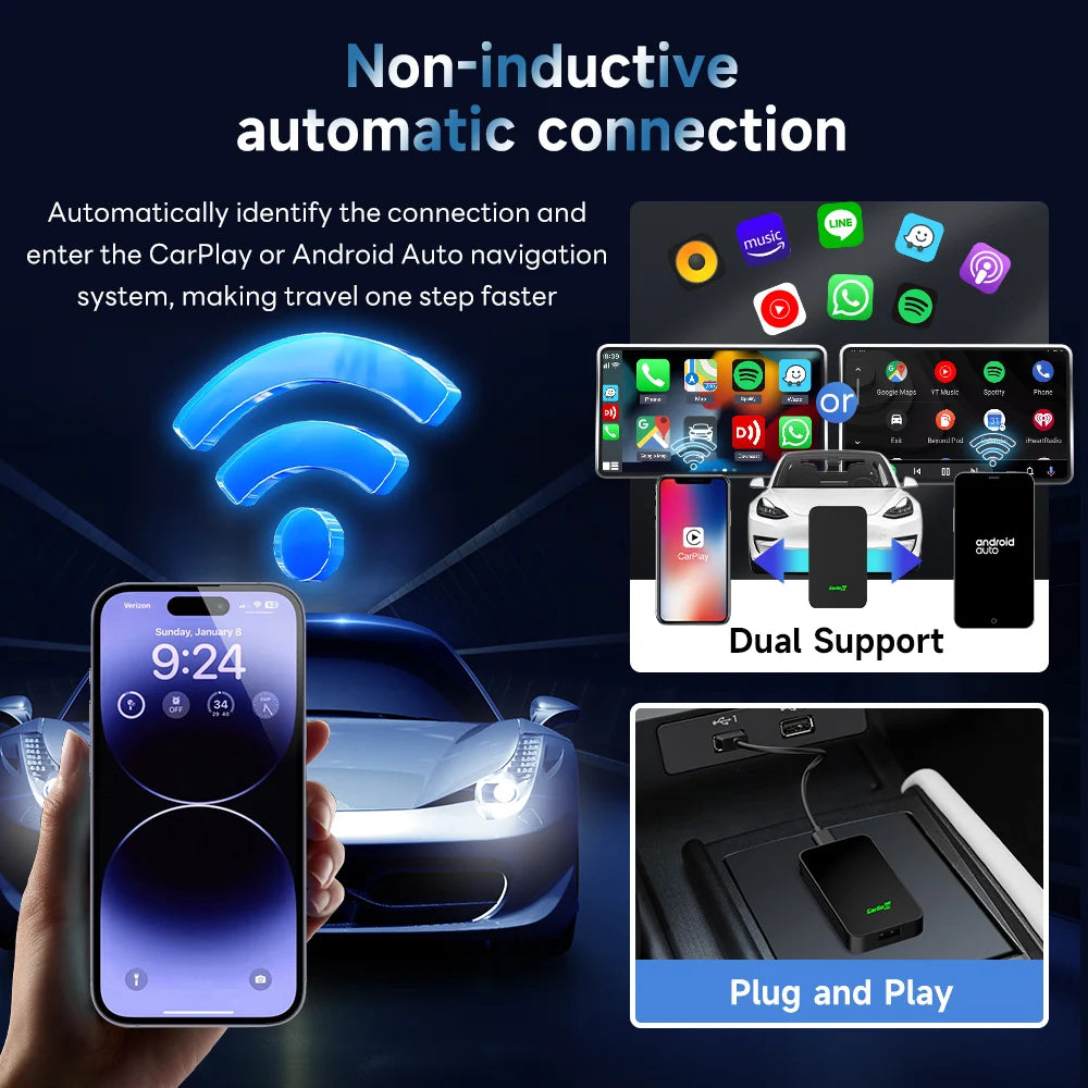 2air CarlinKit 5.0 sans fil CarPlay sans fil Android Auto Box 2.4G et 5.8Ghz WiFi BT connexion automatique Plug &amp; Play pour les voitures filaires AA CP