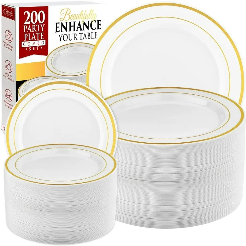 Prestee – assiettes en plastique doré, 200 pièces, 100 assiettes à dîner et 100 assiettes à salade, assiettes de fête blanches + à bords dorés, jetables et robustes