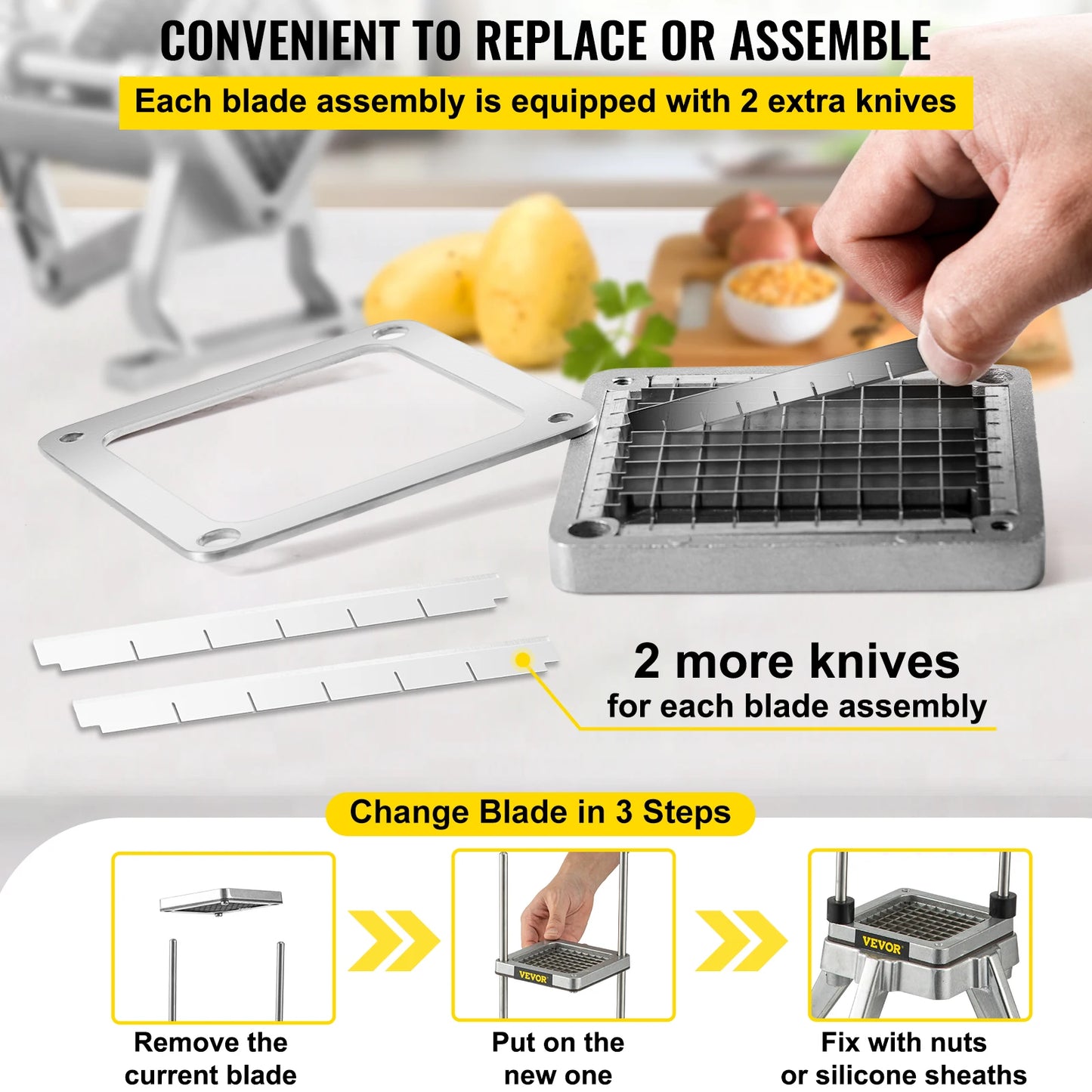 VEVOR 3/8,1/4,1/2inch French Fry Cutter with Replacement Chopper Blade for Cutting Potatoes Carrots Onions Cucumbers Mushrooms