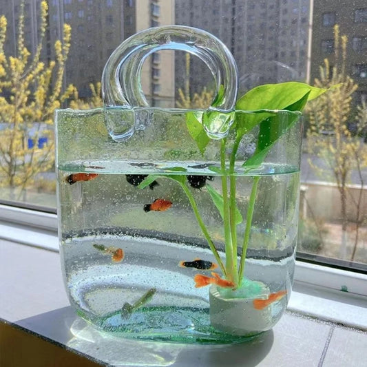 Clear Glass Vase Fish Tank Tote Bag Flower Handbag Bag Vase Desktop Centerpiece for School Office Bedroom Decoration