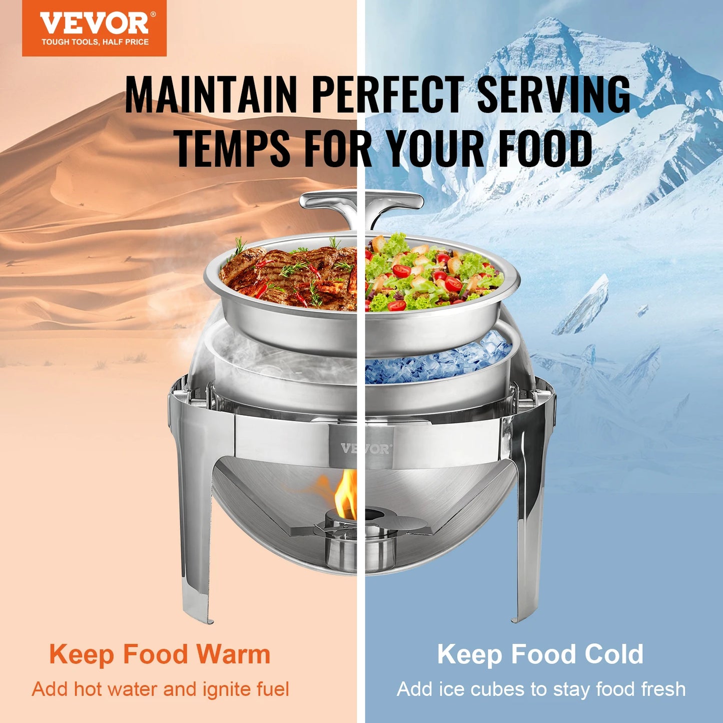 VEVOR Roll Top Chafing Dish Buffet Set 6 Qt 2 Pack Stainless Steel Chafer with 2 Full Size Pans Round Catering Warmer Server