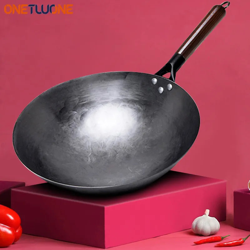 Wok de hierro tradicional, Woks sin recubrimiento forjado a mano para cocina, sartén con mango de madera, olla de Gas para cocina, utensilios de cocina