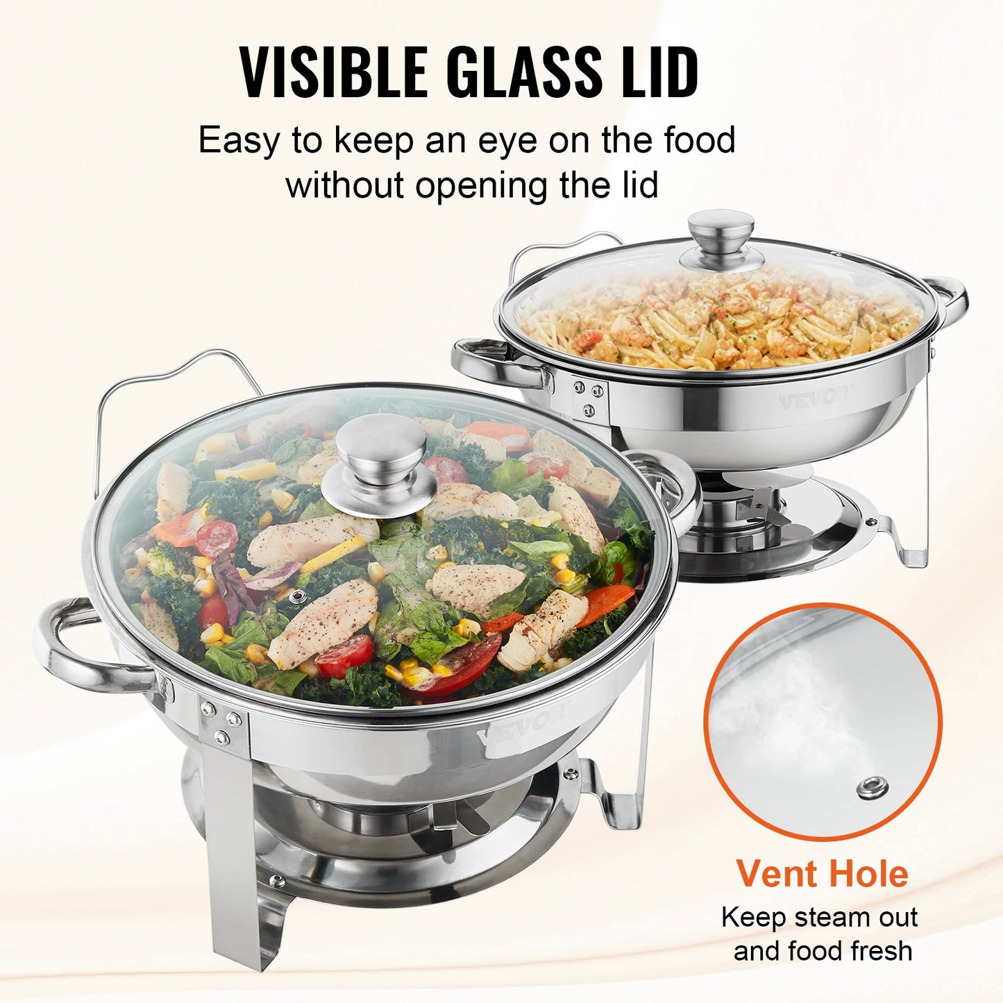 VEVOR 4QT 2-Pack ensemble de réchauds ronds en acier inoxydable Chafer de Buffet avec couvercle en verre de casserole pleine grandeur support de carburant chauffe-restauration