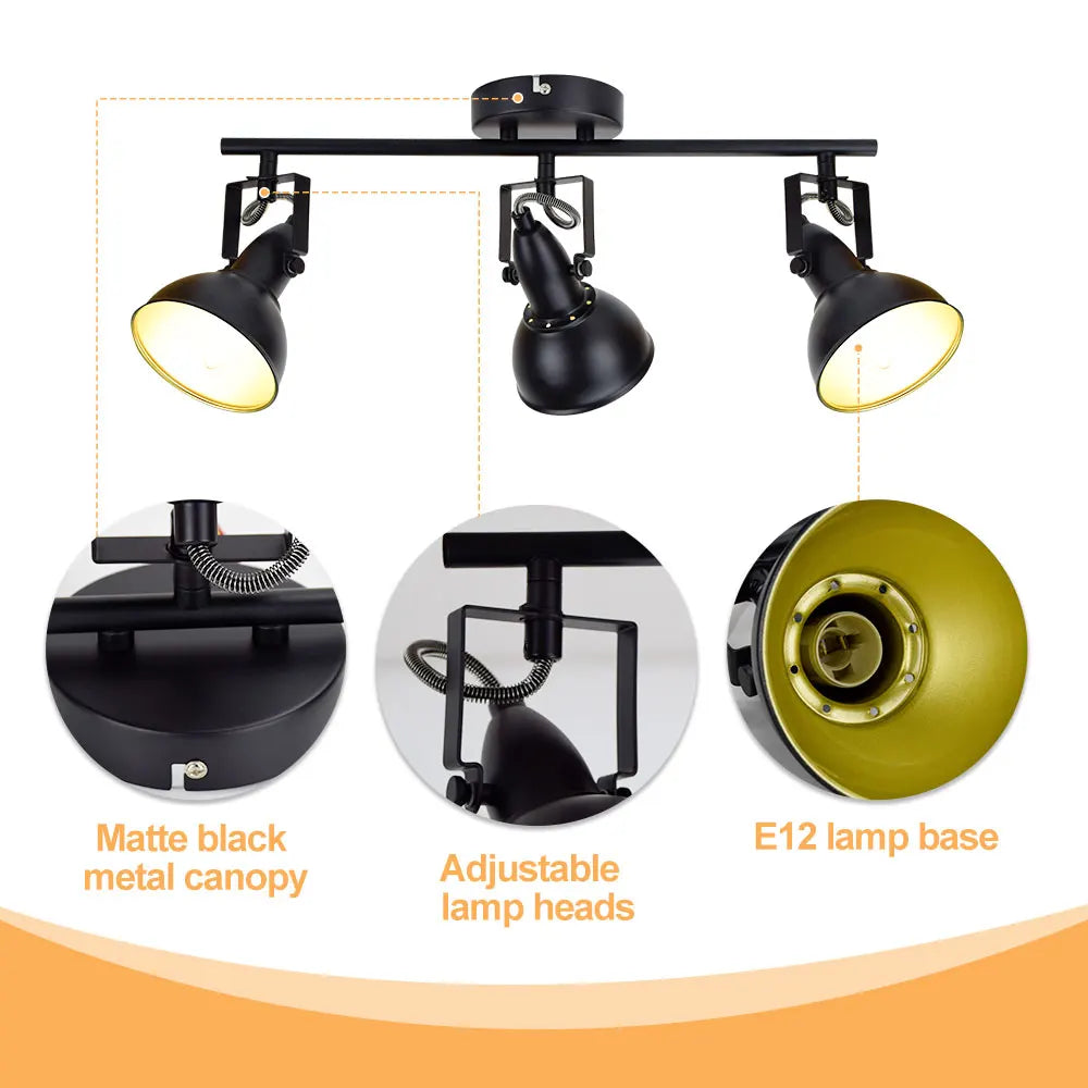 Depuley Ceiling Spotlight LED Fixture 3-Light Directional Track Light with Flush Mount fo Kitchen Bedroom Office Black E12 Base