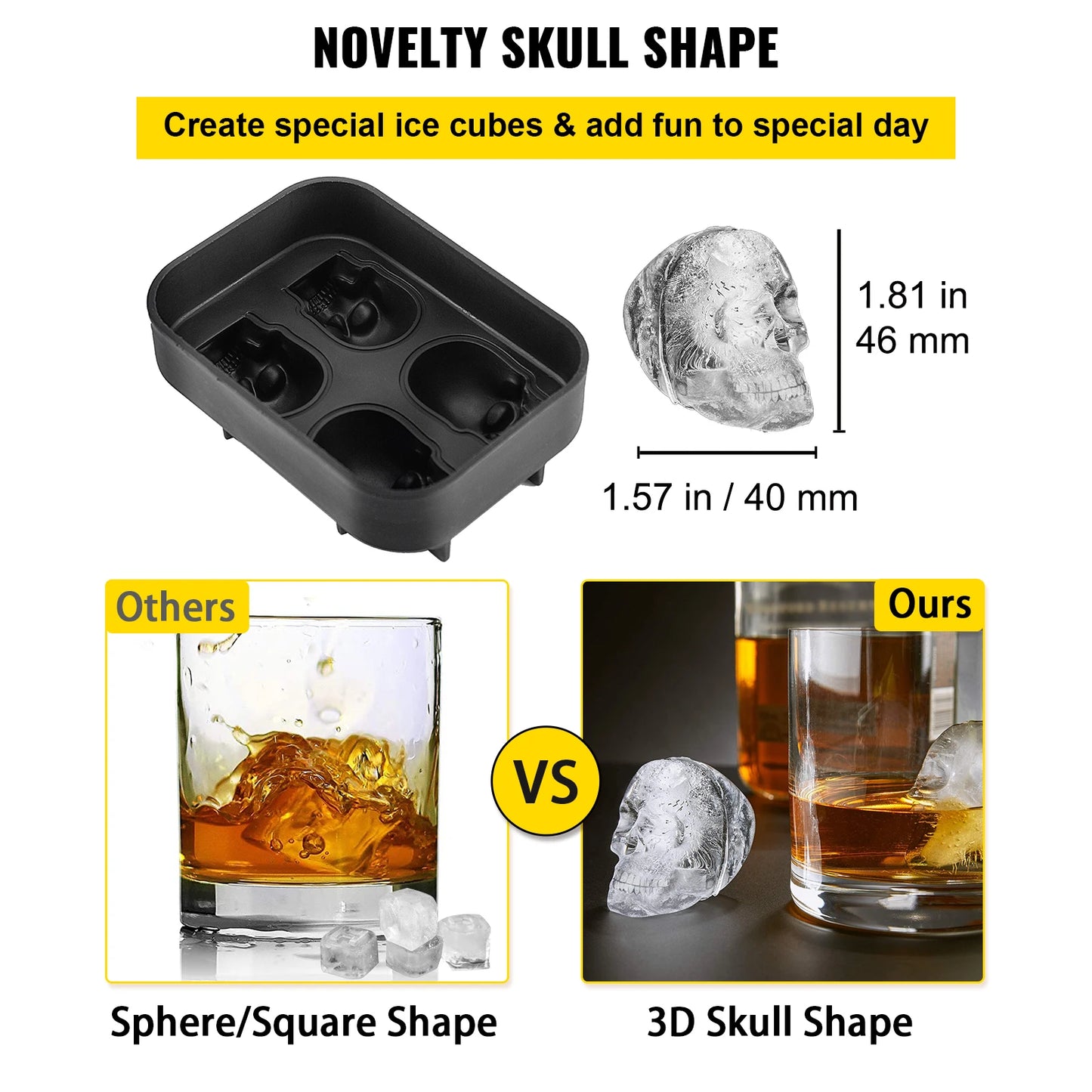 VEVOR Ice Cube Maker Black Silicone 4/6 Grid 3D Skull Shape Tray Home Party Bar Cool Whiskey Icy Beverage Ice Ball Mold DIY Tool